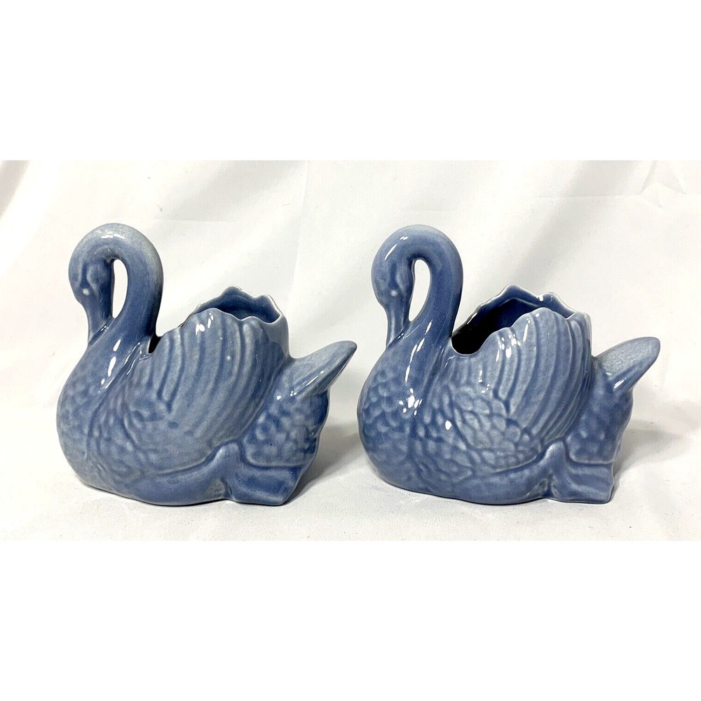 Redwing Pottery Swan Ceramic Planters‎ Pair Blue 259 USA made EXCELLENT